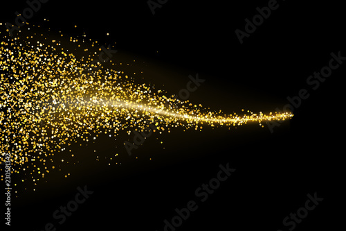Golden glowing lights effects on black background, abstract magic Illustration