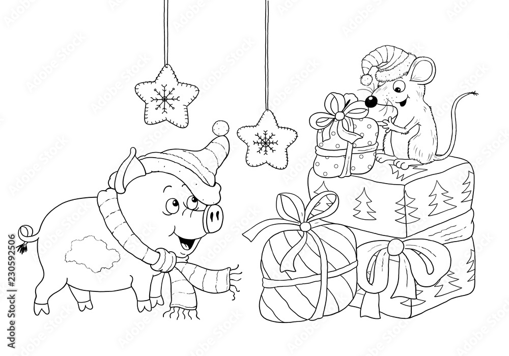 Christmas. New Year. Year of Pig. Greeting card. Coloring page. Cute and funny cartoon ...