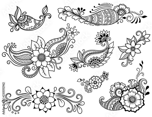 Set of Mehndi flower pattern for Henna drawing and tattoo. Decoration in ethnic oriental, Indian style.