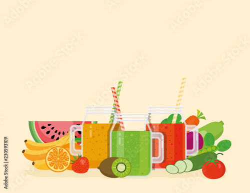 Vector illustration. Smoothies of fruits and vegetables.