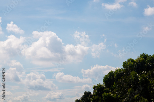 blue sky and white fluffy cloudy background . © Rattanachai