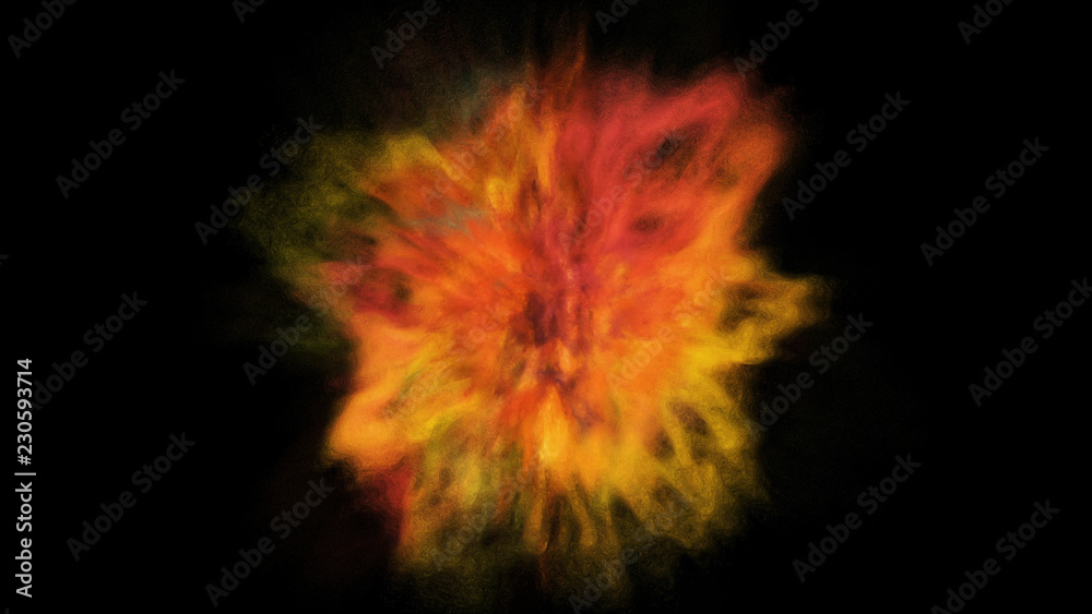 Freeze motion explosion of bright yellow and golden powder and paint for Holi. Abstract isolated colorful 3D illustration particle splash on black. Bright background