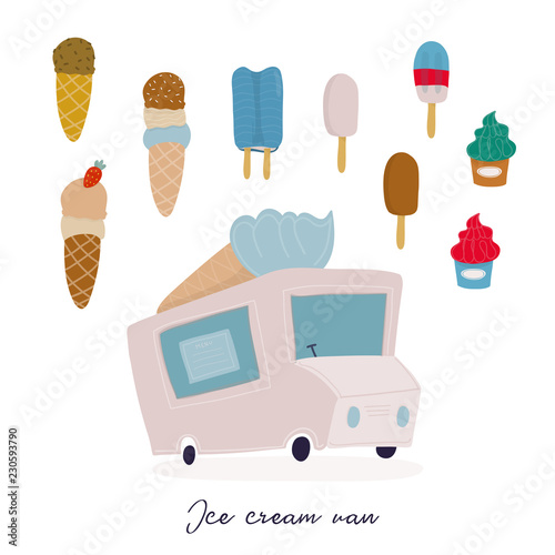 Various sorts of ice cream and ice cream van. Hand drawn vector set. All elements are isolated