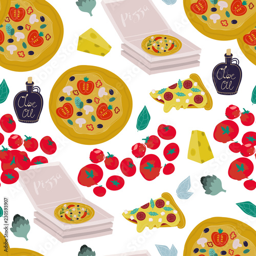 Hand drawn tasty pizza and various ingredients. Hand drawn vector seamless pattern