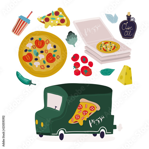 Hand drawn tasty pizza, food truck and various ingredients. Hand drawn vector set. All elements are isolated