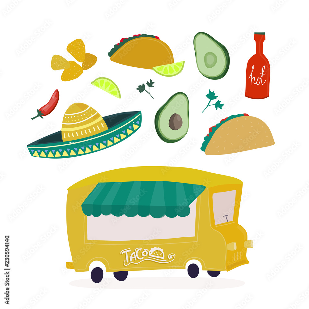 Tacos, nachos, avocados and hot sauce. Tacos food truck. Colored vector set. All elements are