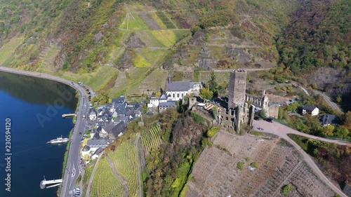 Aerial view of vineyards in autumn near Polterndorf with Metternich castle, Moselle River photo