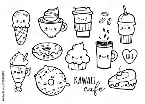 Kawaii cafe. Various cute food. Hand drawn vector set. All elements are isolated