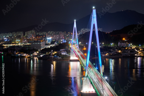 Night View At Dolsan Bridge, Yeosu, In Korea                               