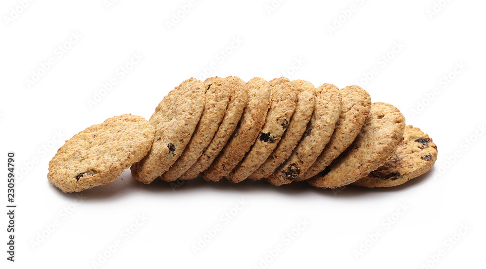 Round wholewheat biscuits, cookies with raisins isolated on white background Round wholewheat biscuits, cookies with raisins isolated on white background