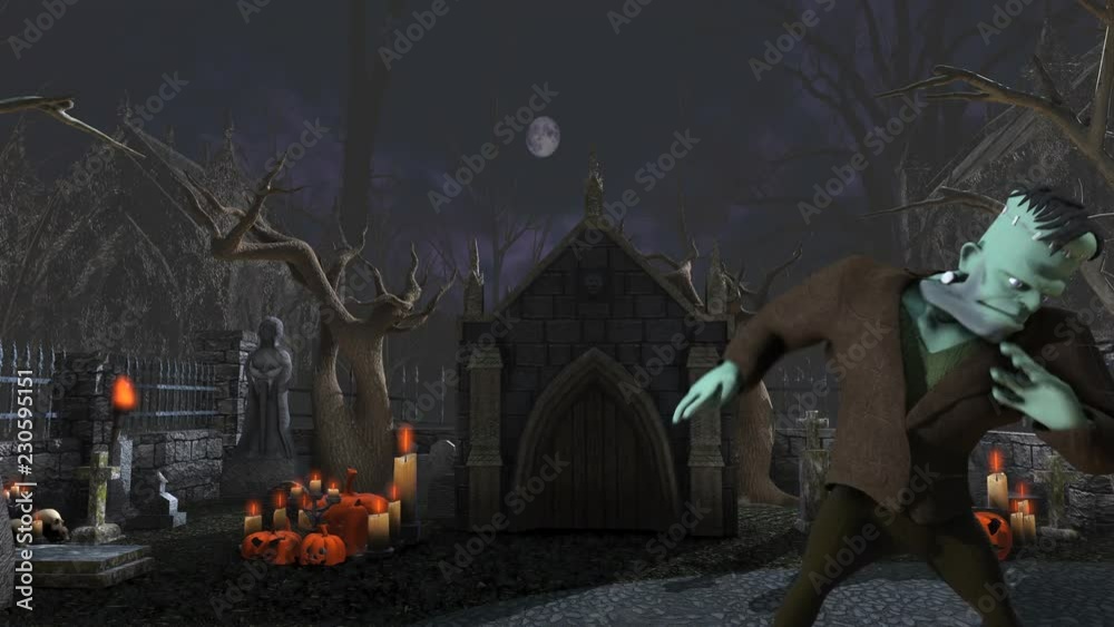 Seamless animation of Frankenstein monster dancing salsa in a graveyard. Funny Halloween 4K background. Seamless animation of Frankenstein monster dancing salsa in a graveyard. Funny Halloween 4K background.