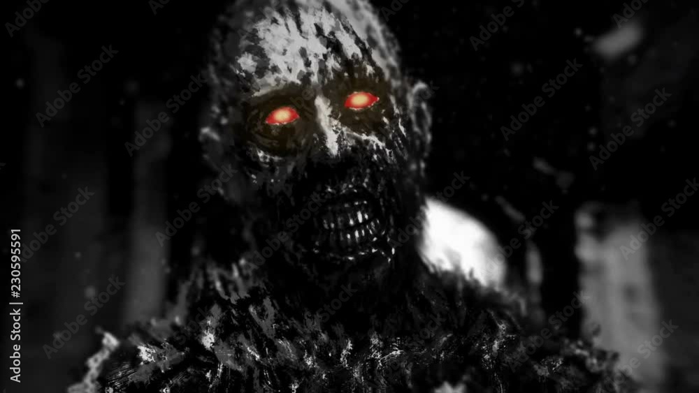 Black zombie with glowing red eyes walking in hallway of abandoned house. Video in genre of horror. Scary monster character animation. Black zombie with glowing red eyes walking in hallway of abandoned house. Video in genre of horror. Scary monster character animation.
