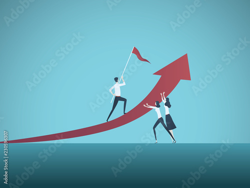 Business man male manager being supported by business woman vector concept. Symbol of discrimination, unfair practice, and male domination in corporate business.