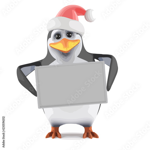 Vector 3d Santa penguin holding a blank banner