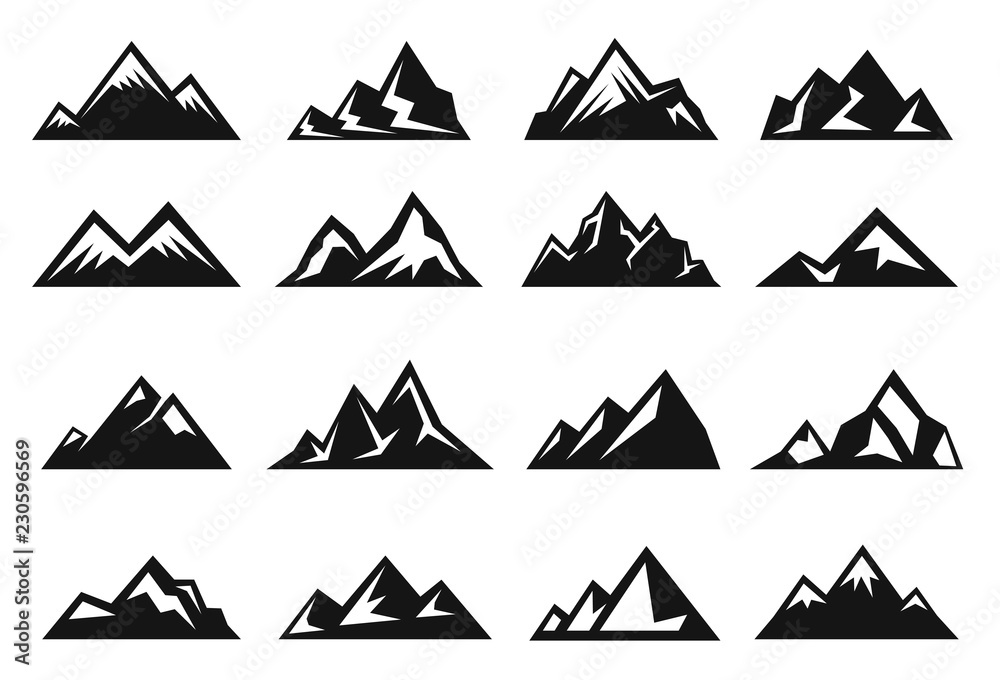 Mountain large natural rock with snow top icon set