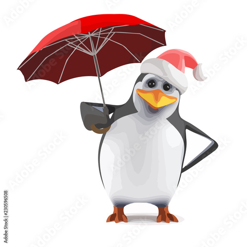 Vector 3d Santa penguin with a red umbrella
