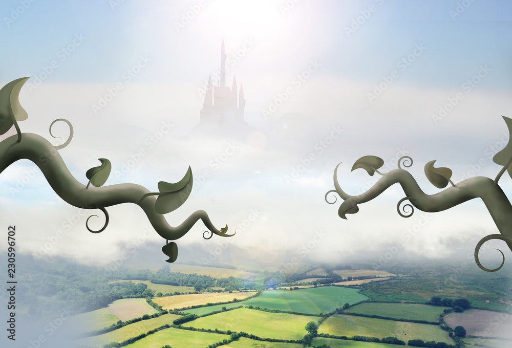 beanstalks in clouds leading to giant castle above countryside - obrazy, fototapety, plakaty 