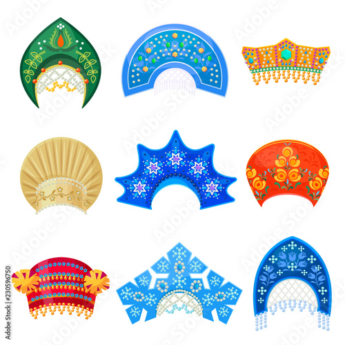 Russian kokoshnik traditional hat with ornament set