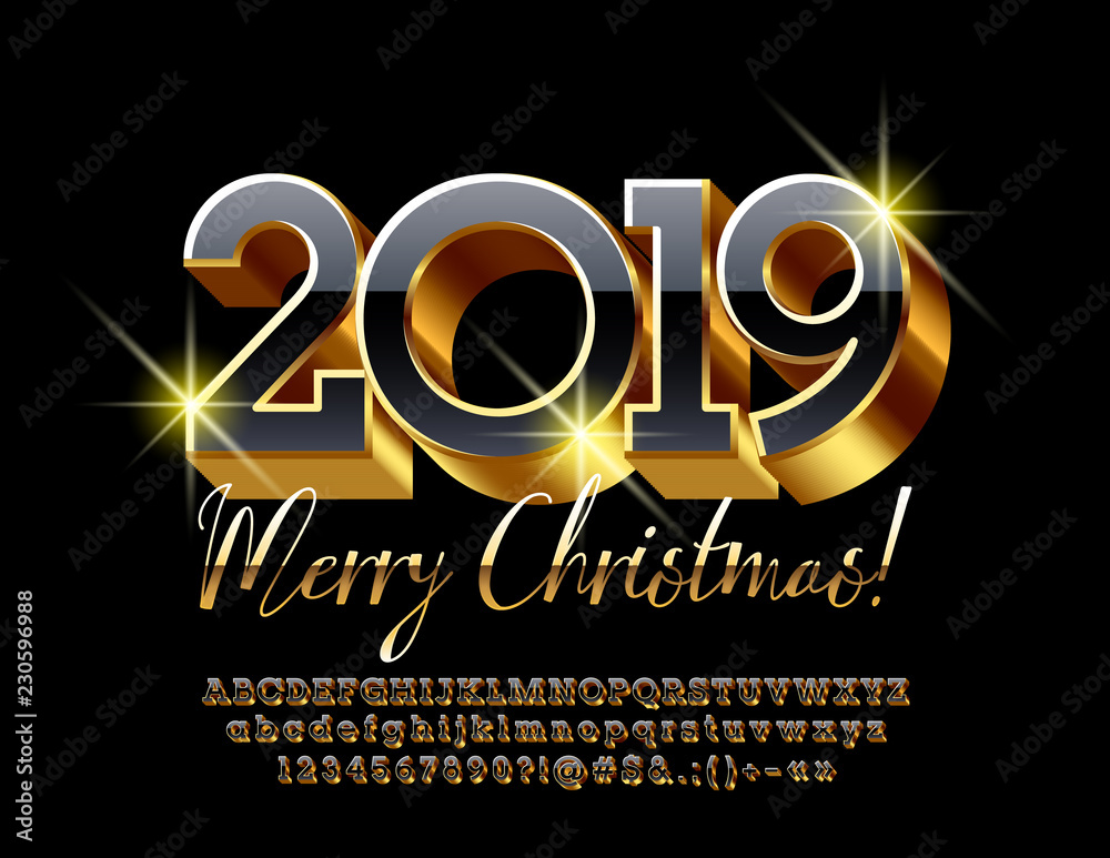 Vector chic Greeting Card Merry Christmas 2019. Luxury set of Alphabet Letters and Numbers. Black and Golden 3D Font. Vector chic Greeting Card Merry Christmas 2019. Luxury set of Alphabet Letters and Numbers. Black and Golden 3D Font.