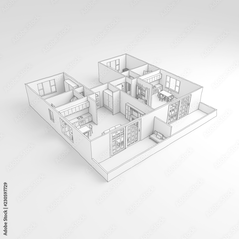 3d illustration freehand sketch drawing of white furnished home apartment rendering