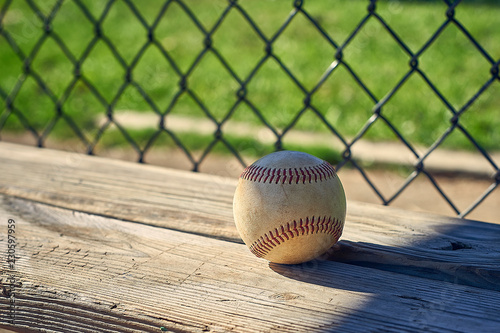 Baseball resting on wooden dugout bench photo