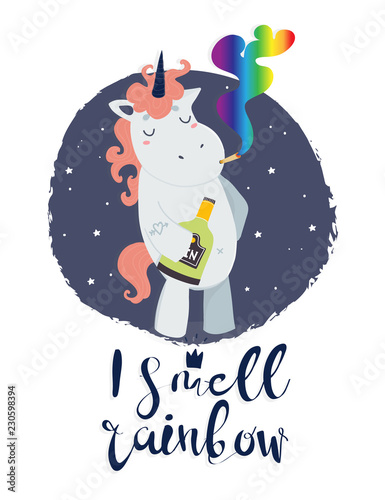 Very bad unicorn. "I smell rainbow". Hand drawn vector illustration