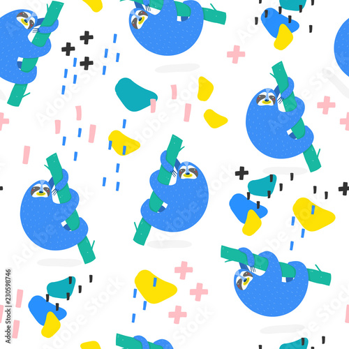 Hand drawn cute sloth and abstract spots. Colored vector seamless pattern