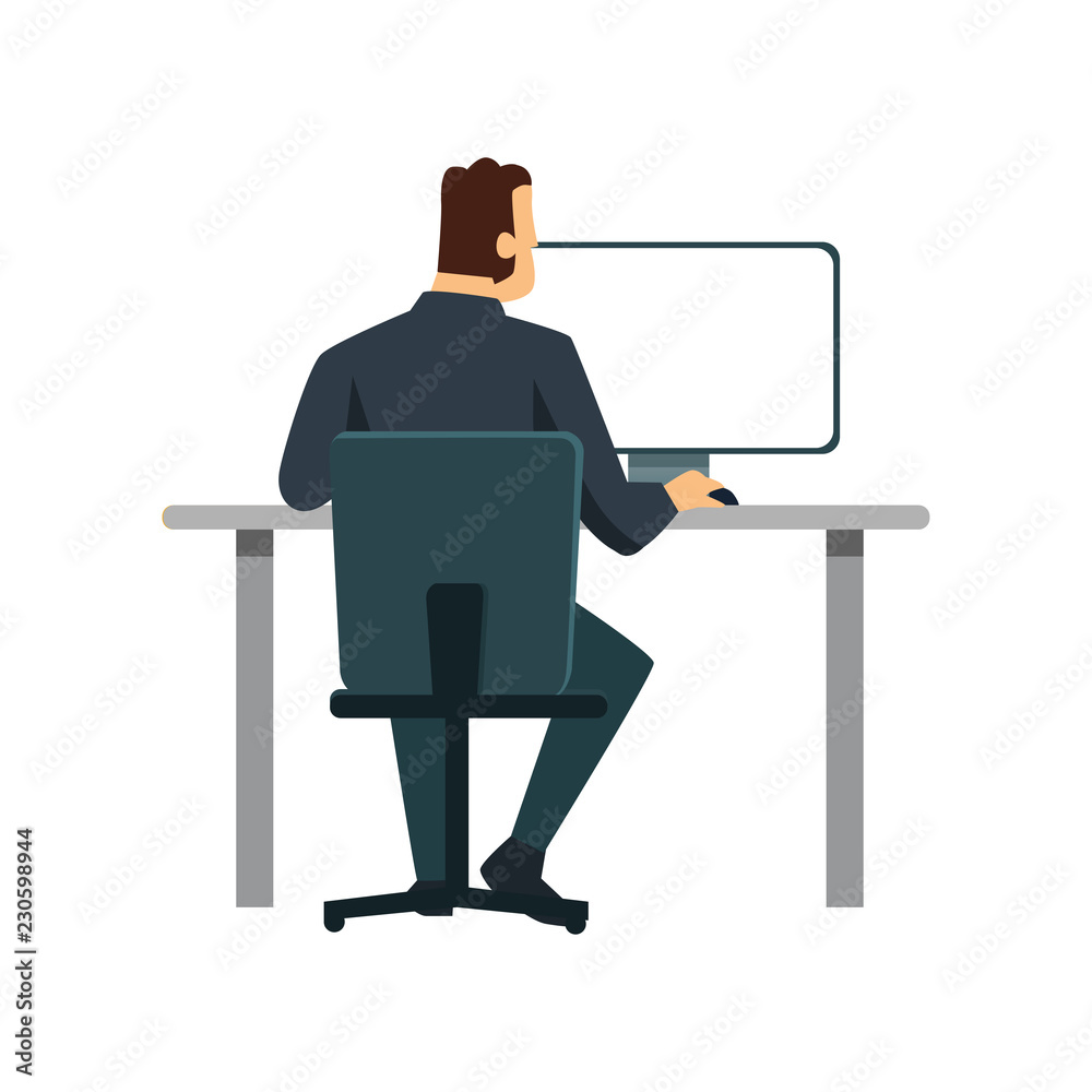 Businessman or office worker sitting at a desk and working on the computer,  back view.  stock vector illustration. Stock Vector |  Adobe Stock