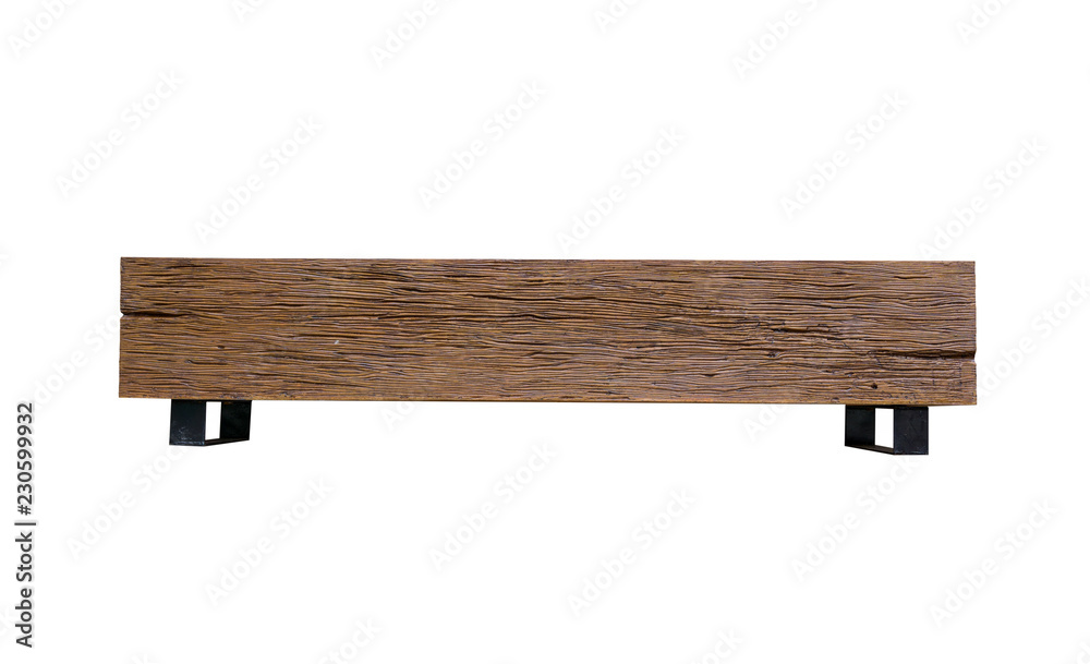 Front view of Brown old wooden bench with Legs bench wrought make to black metal isolated on a white background Front view of Brown old wooden bench with Legs bench wrought make to black metal isolated on a white background