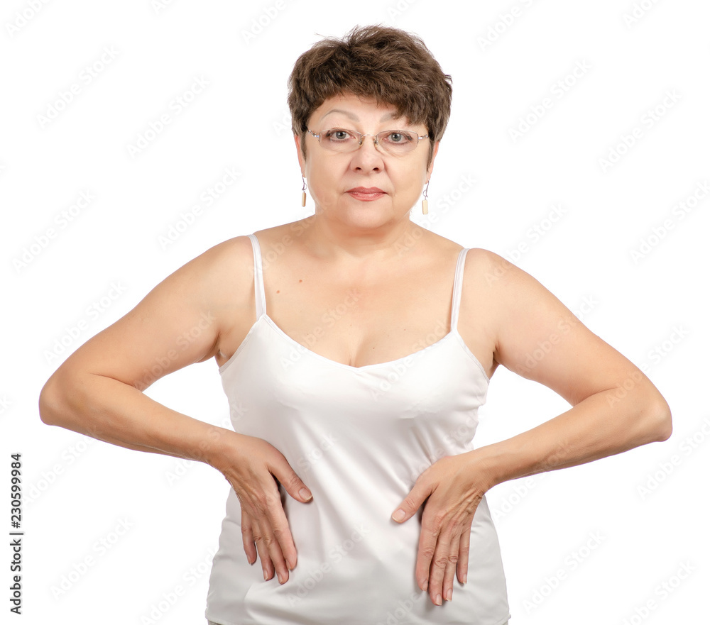 Obraz premium Beautiful woman aged shows the waist on a white background isolation