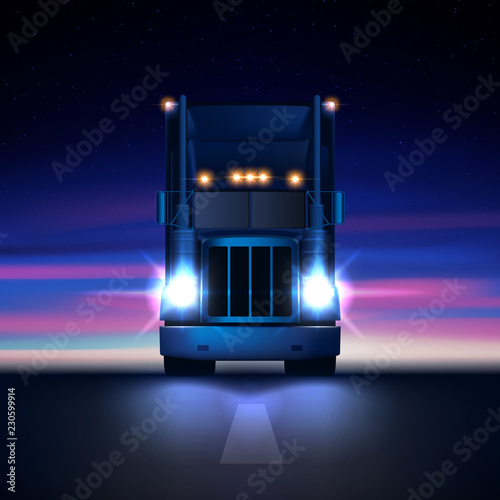 Night large classic big rig semi truck with headlights and dry van semi riding in the dark on the night road on colorful starry sky background front view, vector illustration