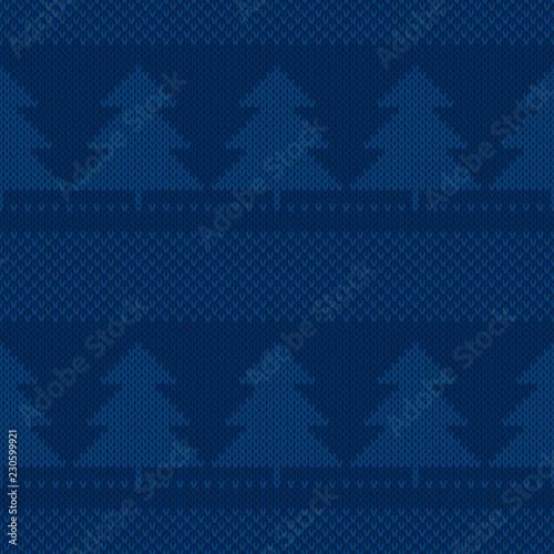 Winter Holiday Knitted Pattern with Christmas Trees. Vector Seamless Background with Shades of Blue Colors. Wool Knit Texture Imitation