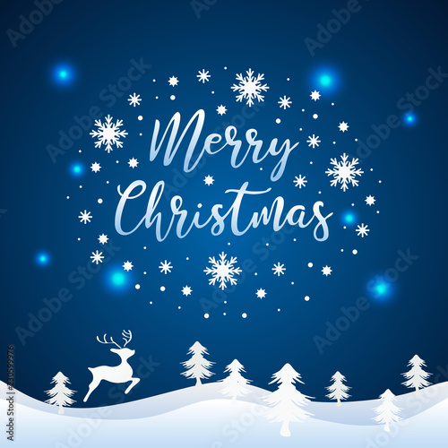 Vector christmas paper cut art style with deer and winter scenery. Hand drawn typography for card template, poster, flyer, and web banner eps 10.
