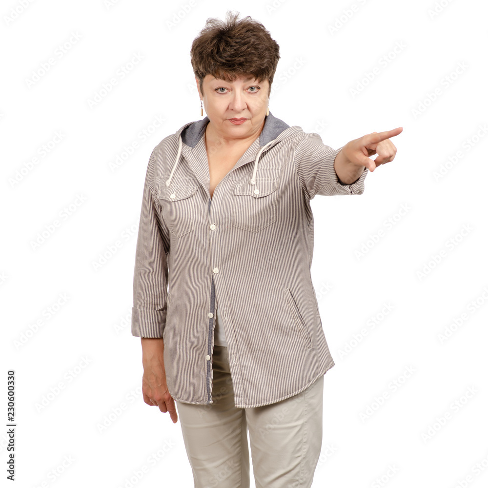 Beautiful woman aged shows hand isolation on a white background. Beautiful woman aged shows hand isolation on a white background.