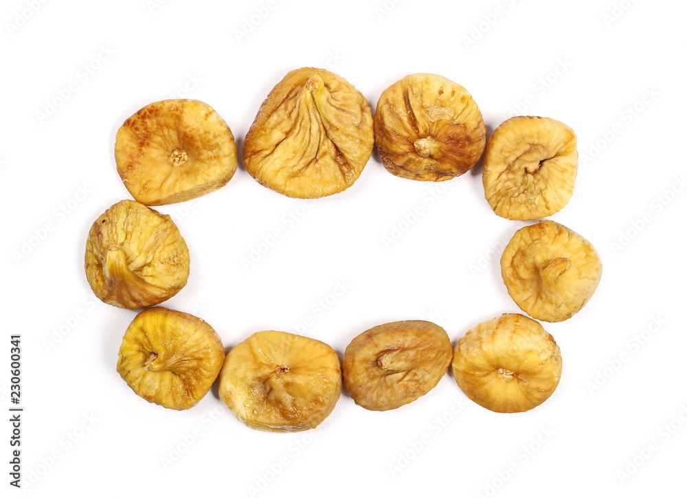 Dry figs, frame and border isolated on white background, top view Dry figs, frame and border isolated on white background, top view