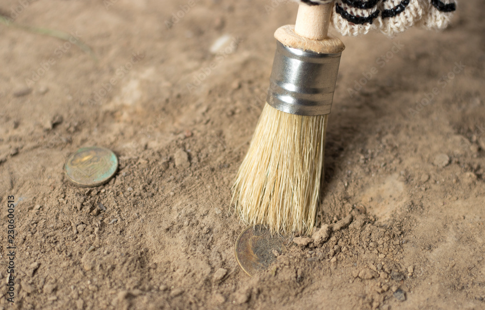archeology female hand holds brush a tassel excavation of rare materials  treasure hunt and archeology find rare Gold coins in sand Stock Photo |  Adobe Stock
