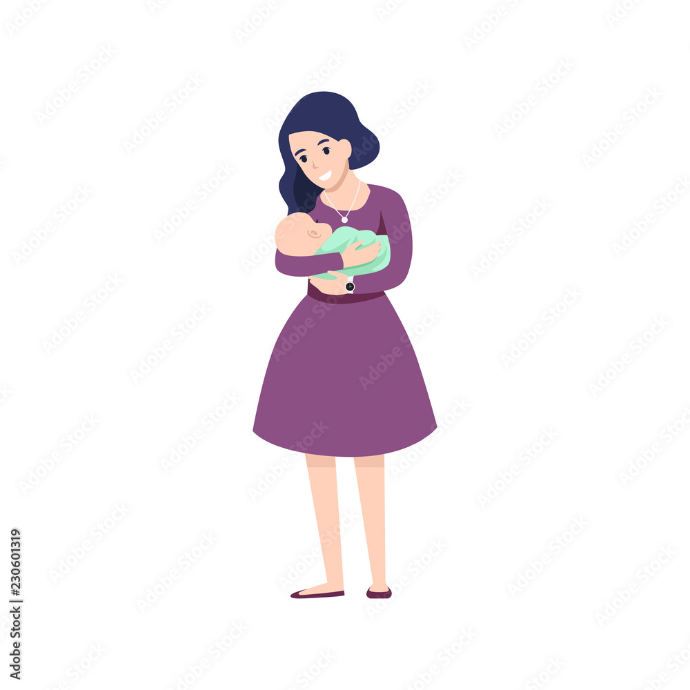 Young mother holding her baby with love flat illustration Young mother holding her baby with love flat illustration