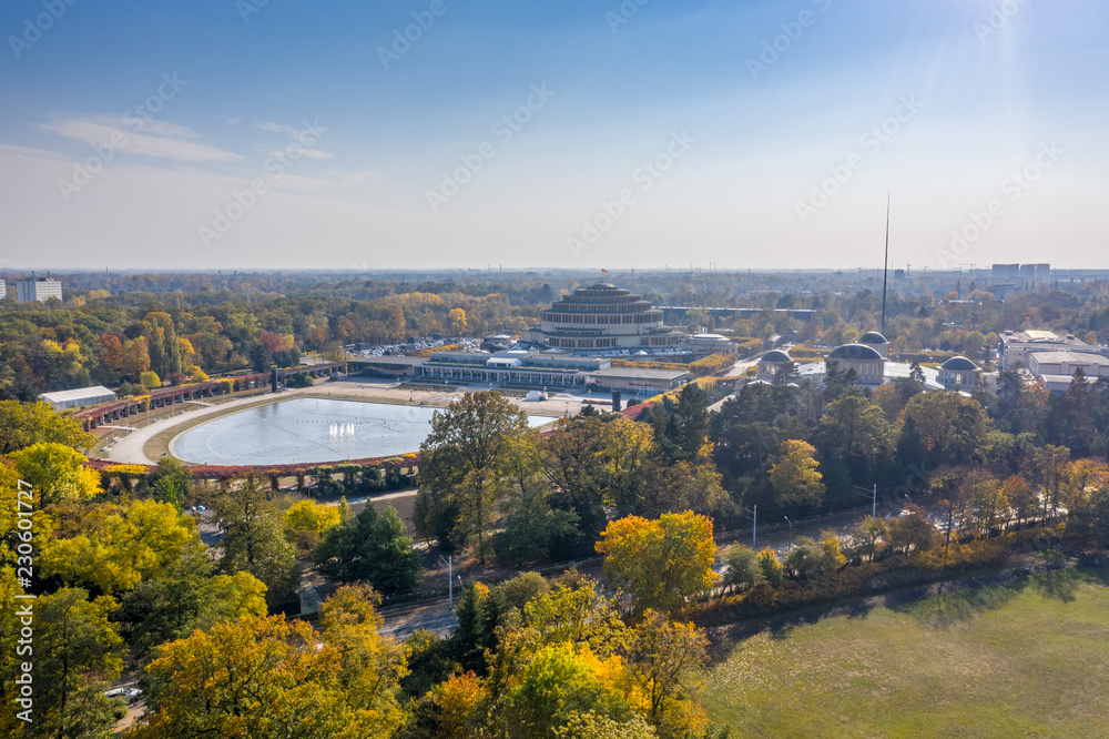 Centennial hall and fountain at sunny day aerial view