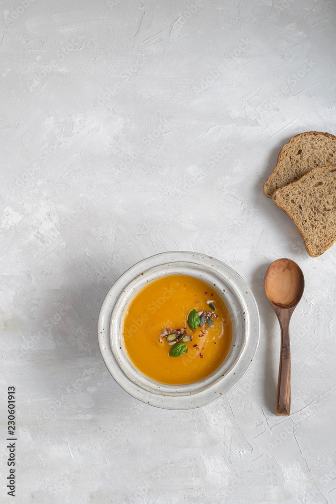 Minimal picture - pumpkin soup plate top view Minimal picture - pumpkin soup plate top view