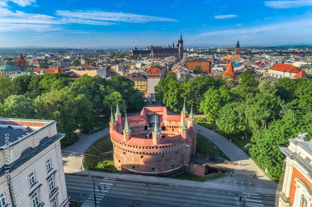 Obraz na płótnie Panorama of Kraków with Barbican and St. Mary’s Basilica aerial view w salonie