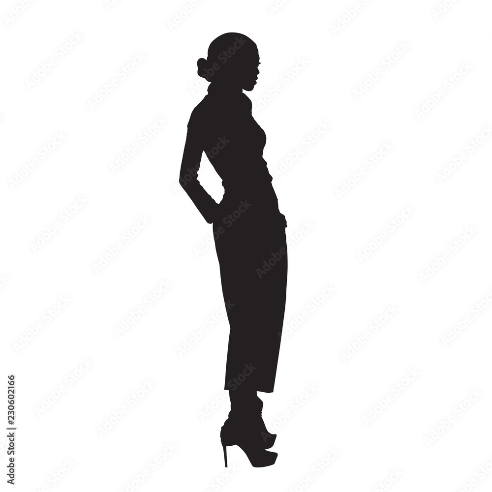 Woman model standing in high heels shoes, posing female model in trousers with hands in pockets. Isolated vector silhouette Woman model standing in high heels shoes, posing female model in trousers with hands in pockets. Isolated vector silhouette