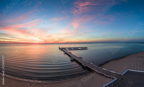 The Sopot pier panorama at sunset aerial view