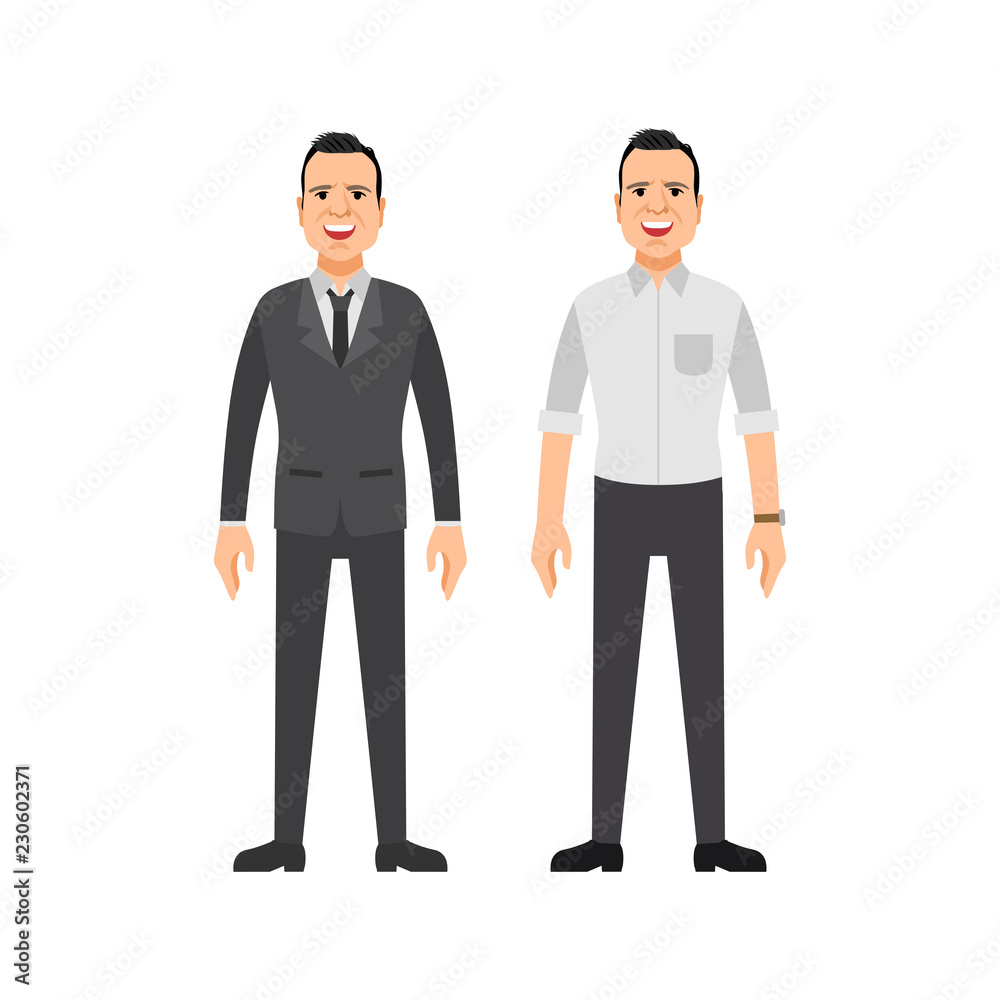 young businessman character flat illustration set with smile. vector art