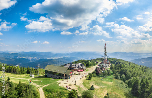 Fototapeta Naklejka Na Ścianę i Meble - Jaworzyna Krynicka with beautiful panorama of Bieszczady aerial view