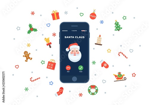 Christmas incoming call from Santa Claus in flat design style