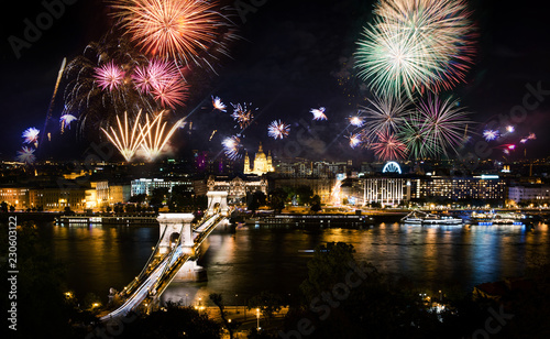 Fireworks in Budapest over the city and chain bridge