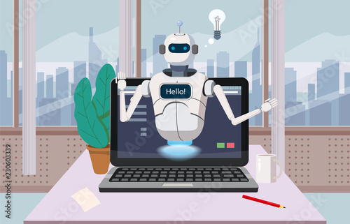 Free Chat Bot, Robot Virtual Assistance On Laptop Say Hello Element Of Website Or Mobile Applications, Artificial Intelligence Concept Cartoon Vector Illustration Office Background