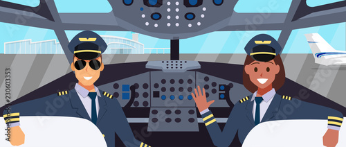 Fotografia Pilots in cockpit flat design. with man and woman pilot character