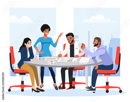 Successful team gathering. Group of young people, startup company celebrating completed task, job, or common project, entrepreneurial venture. Vector business concept flat style cartoon illustration