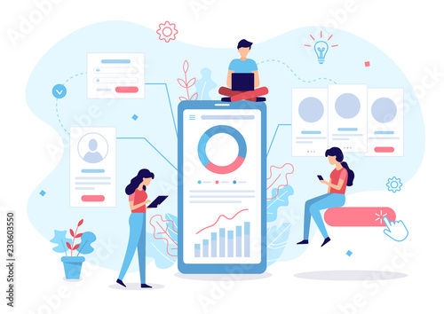 App development flat conceptThe development team creates a mobile application. Business concept. Flat vector illustration.